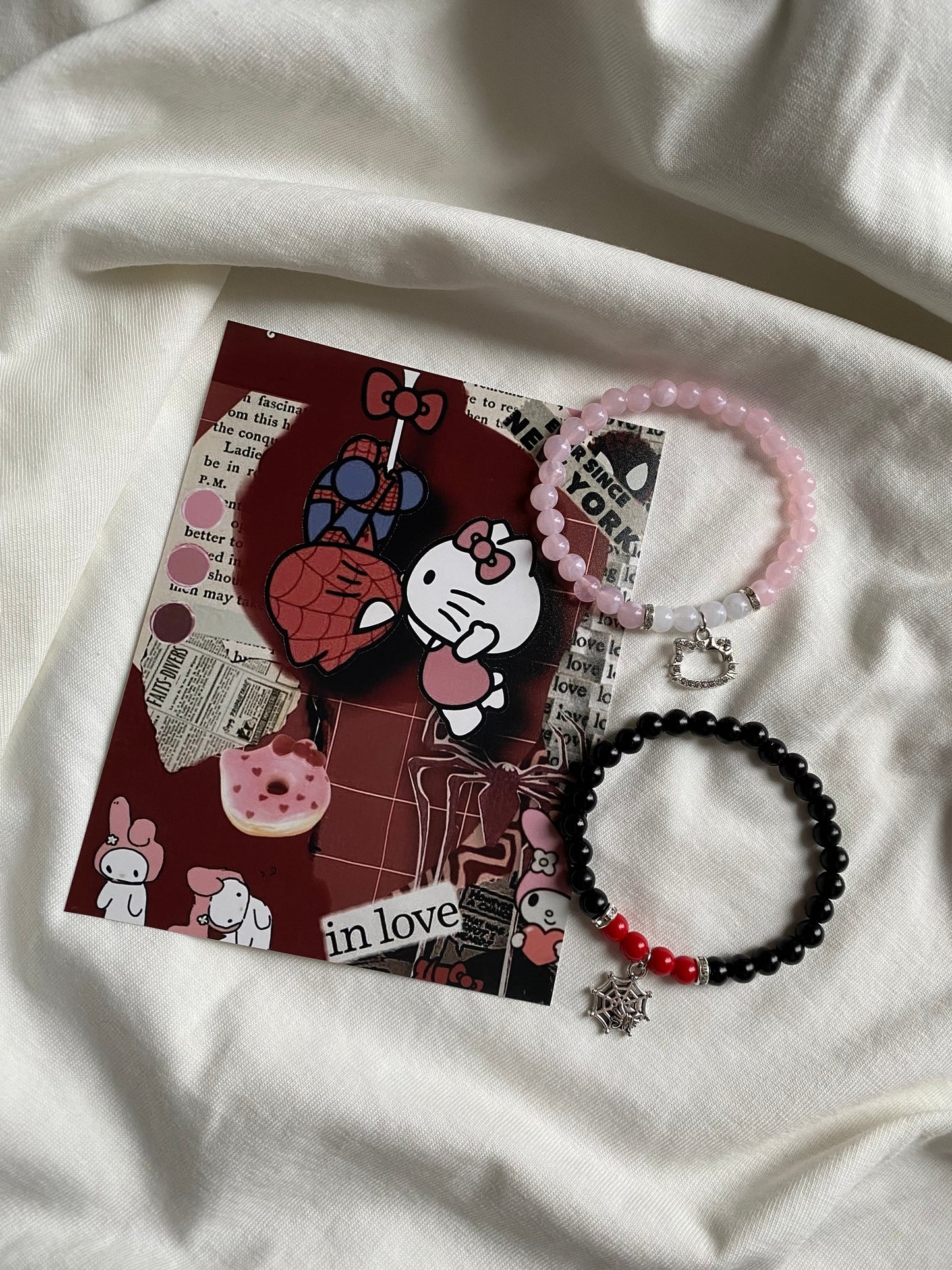 Spiderman and Hello Kitty matching bracelets